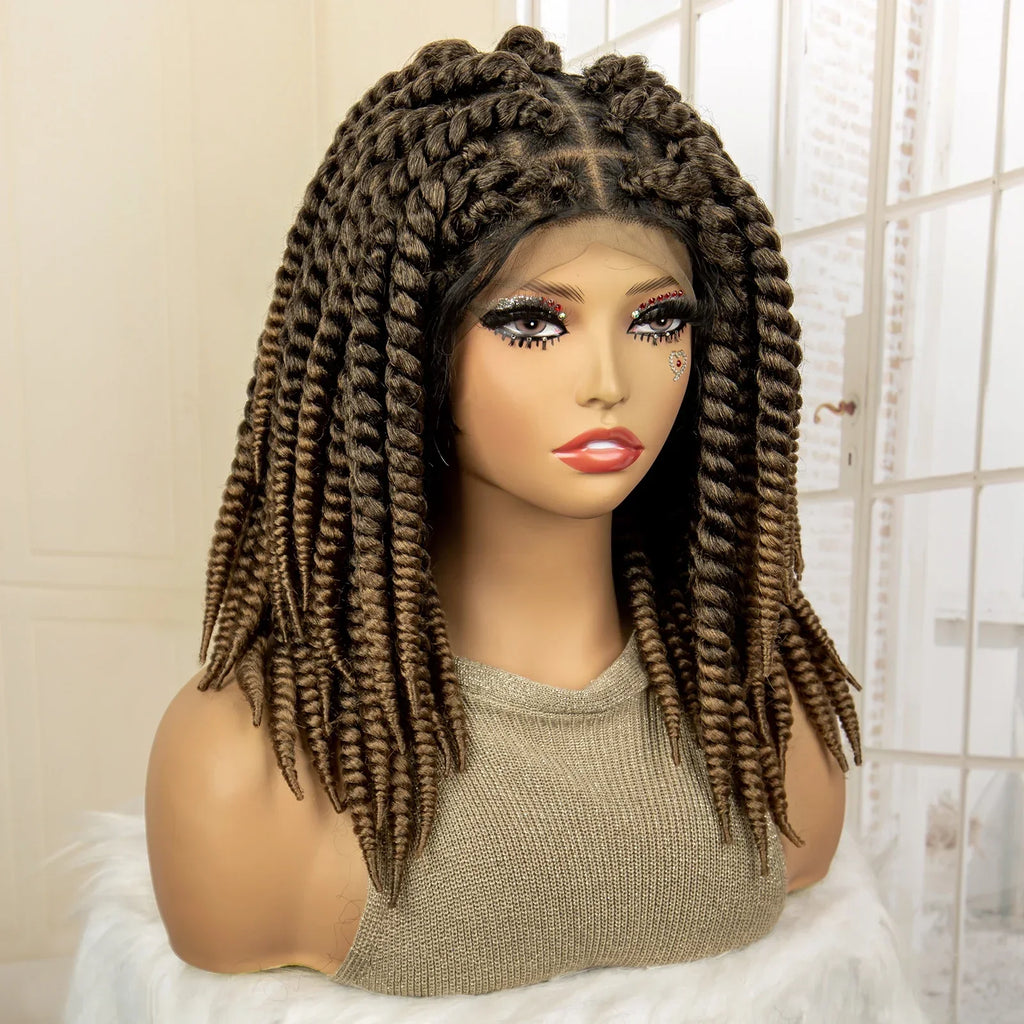 16 Inch Brown Twisted Braided Bob Wig | Full Lace | Kanekalon Fiber | For Black Women