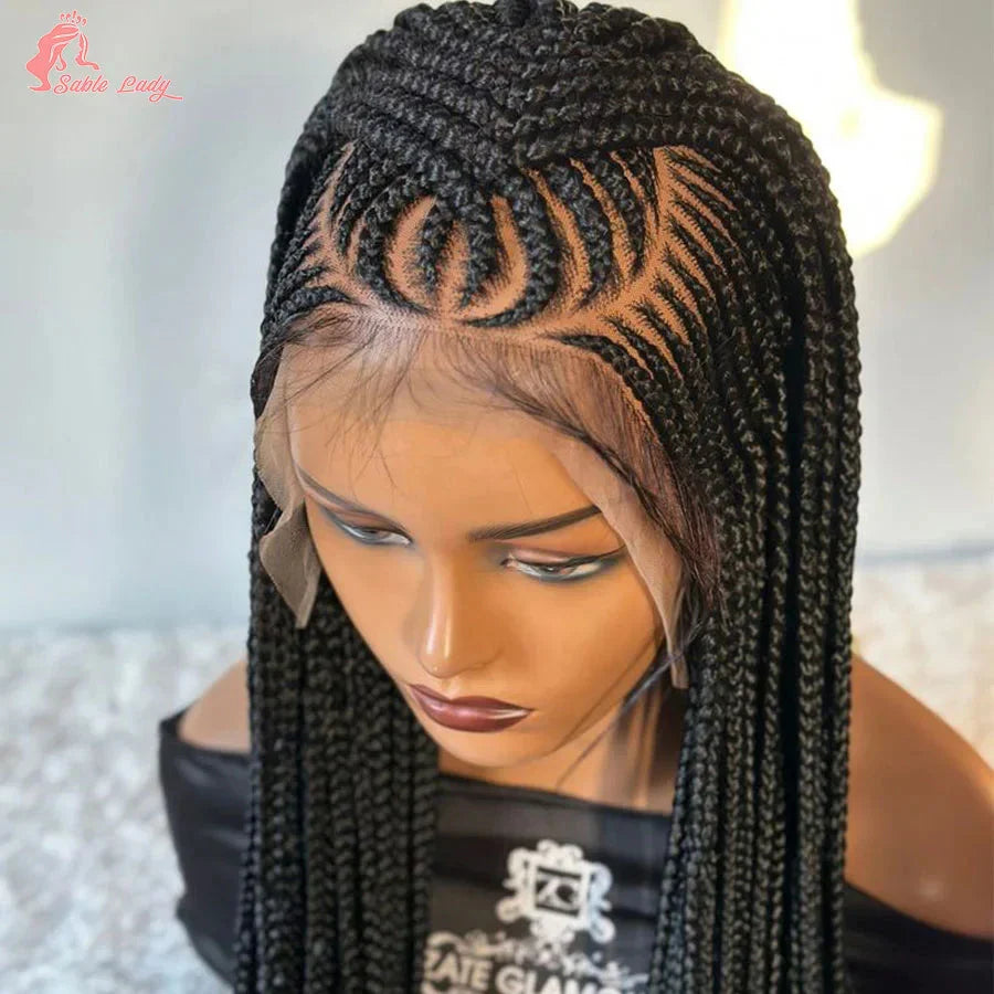 36" Knotless Box Braids Wig | Fulani Cornrows | 360 Full Lace | Baby Hair | Black Women