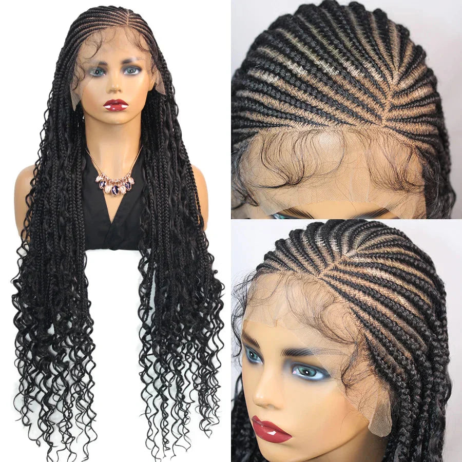 36" Knotless Box Braids Wig | Fulani Cornrows | 360 Full Lace | Baby Hair | Black Women