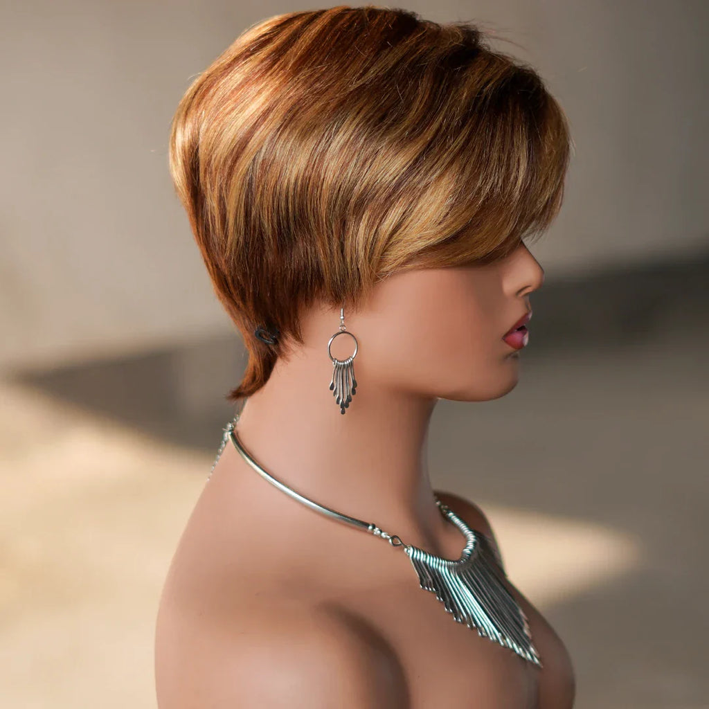 6 Inch Pixie Cut Human Hair Wig with Bangs | P4/27 Natural Highlight | Short Straight Remy Hair