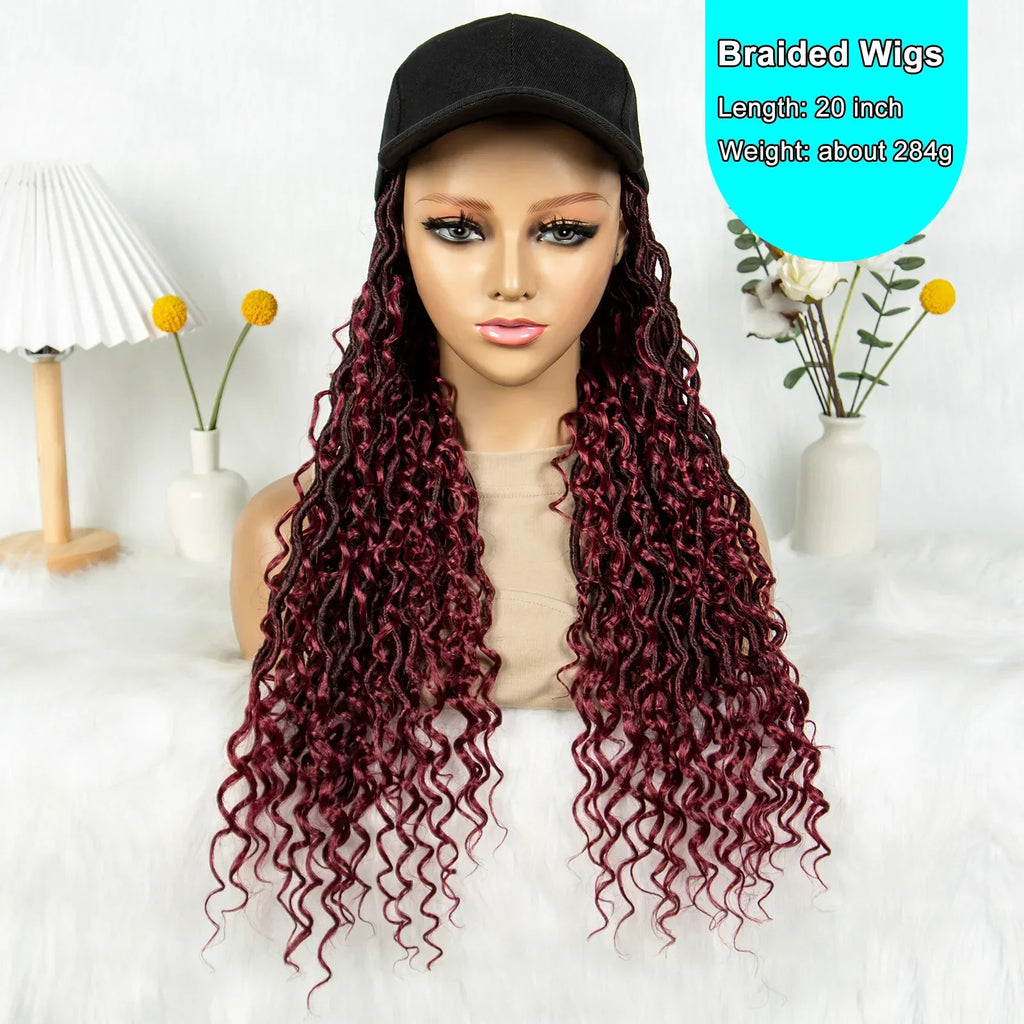 20" Burgundy Boho Locs Baseball Cap Wig | Adjustable Hat Wig | Synthetic Braids | Black Women