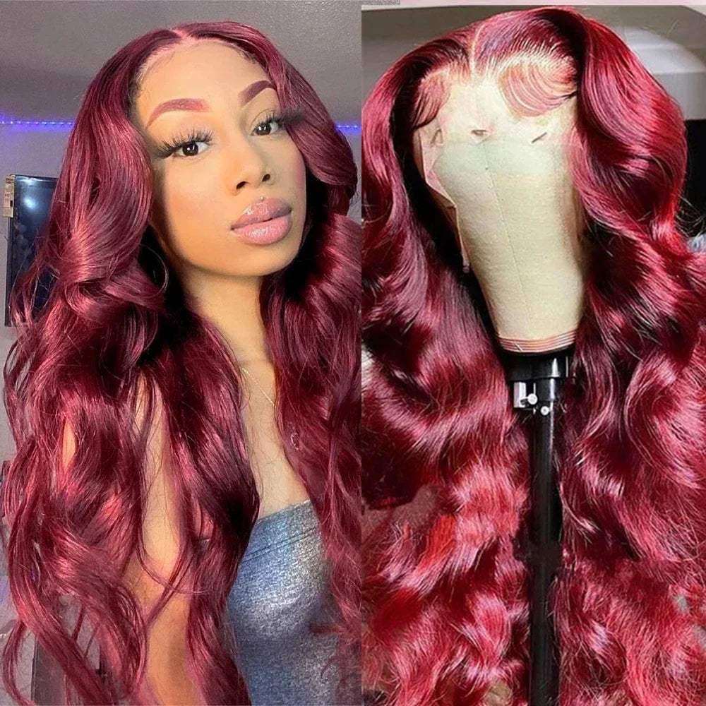 99J Burgundy Body Wave Lace Front Wig | HD Transparent Lace | 200% Density | 30-34 Inch Brazilian Hair