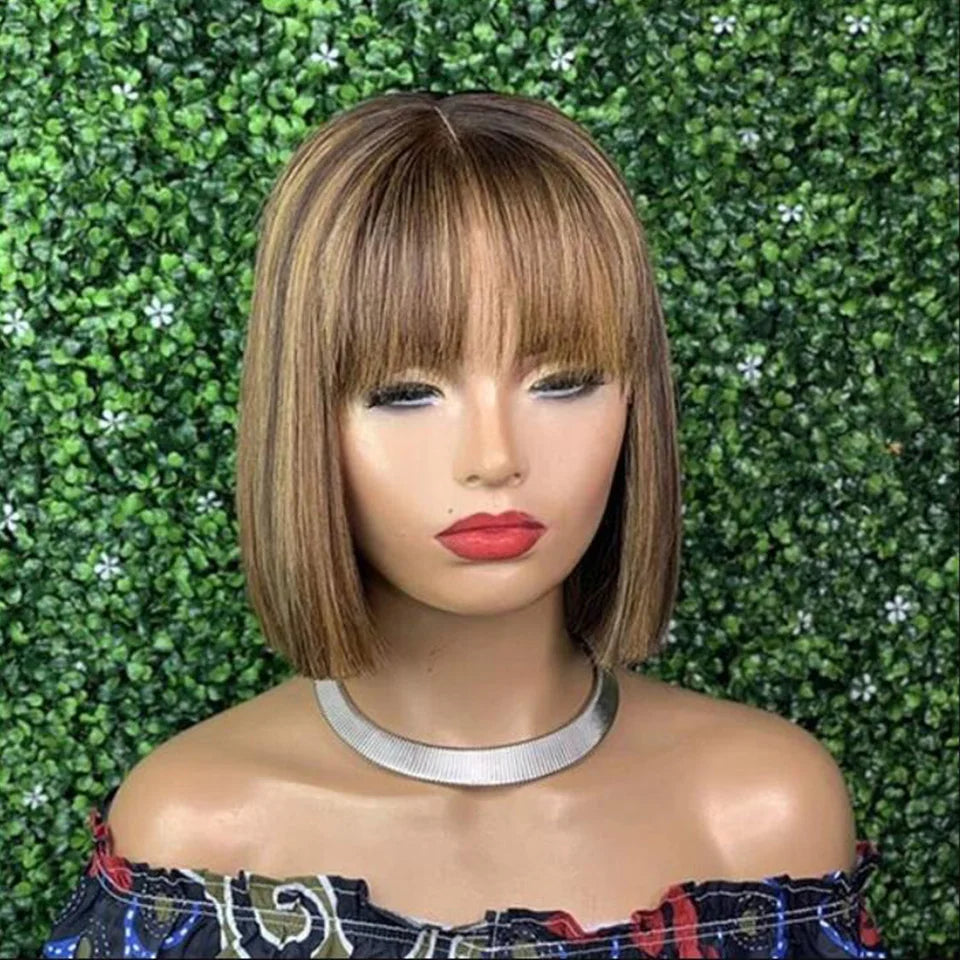 #27 Brown Straight Bob Wig with Bangs | Human Hair Lace Top & Realistic Scalp