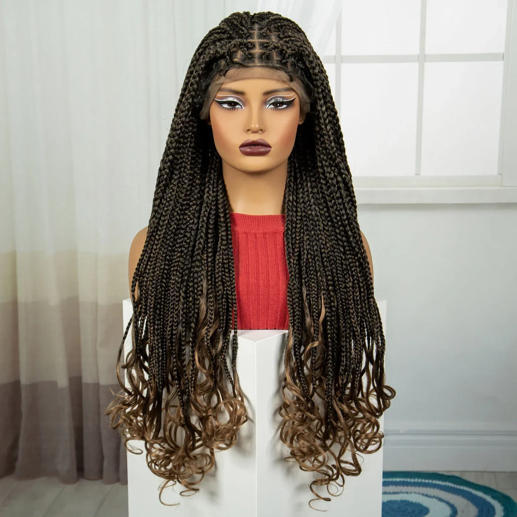 36" Knotless Box Braids Wig with Wavy Ends | Blended Braids | Lace Front