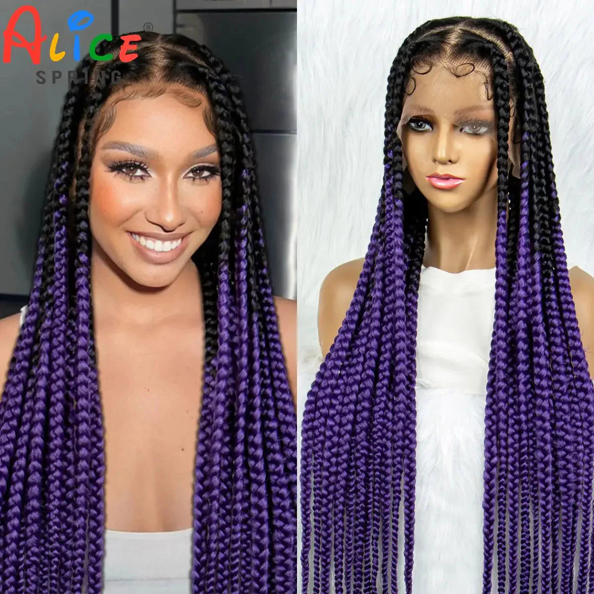 36" Purple Knotless Box Braids Wig | Transparent Full Lace | Baby Hair | Synthetic