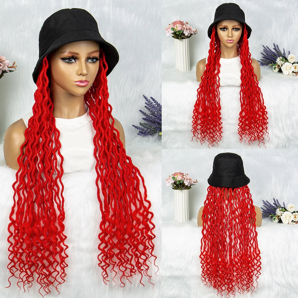 30" Crochet Afro Dreadlocks Bucket Hat Wig | Synthetic Braided Hair | Curly Ends | Black Women