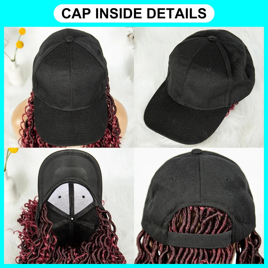 20" Burgundy Boho Locs Baseball Cap Wig | Adjustable Hat Wig | Synthetic Braids | Black Women