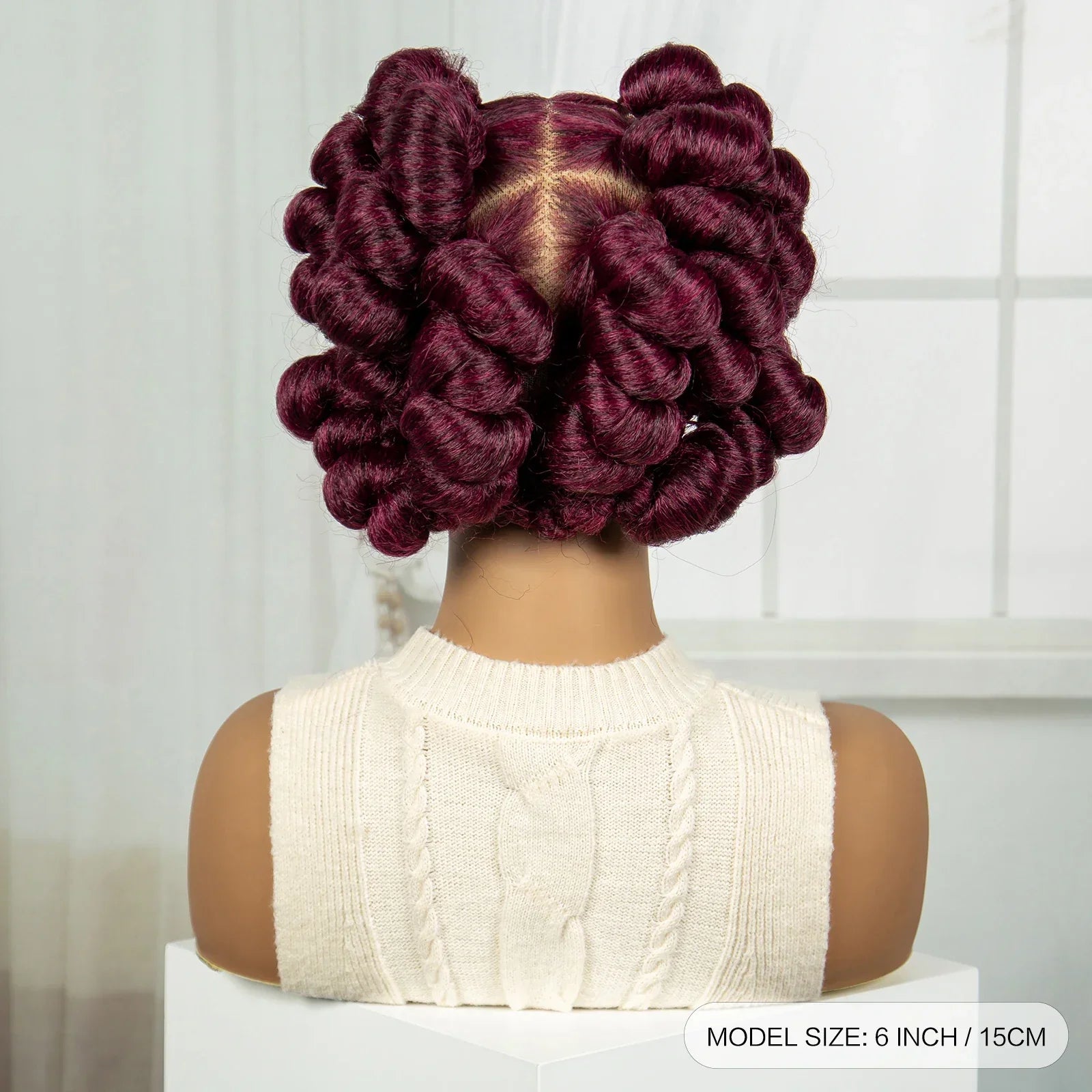 6" Short Cute Burgundy Bantu Knotless Braids Wig | Transparent Full Lace