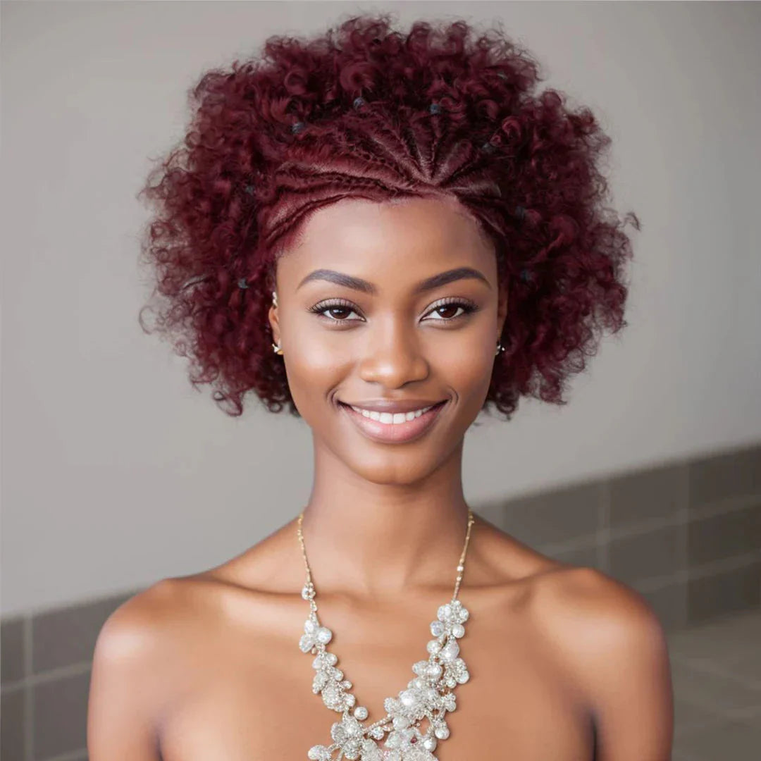 6" Afro Curly Braided Lace Front Wig | 250% Density | Brazilian Remy Hair | Short Curly Wig