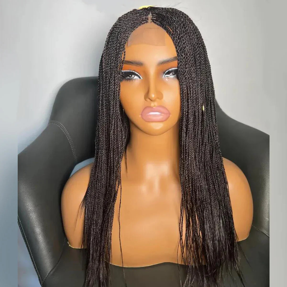 28" Micro Twist Braided Wig | 1B Black | Front Lace | Glueless | Petite Cap | For Black Women