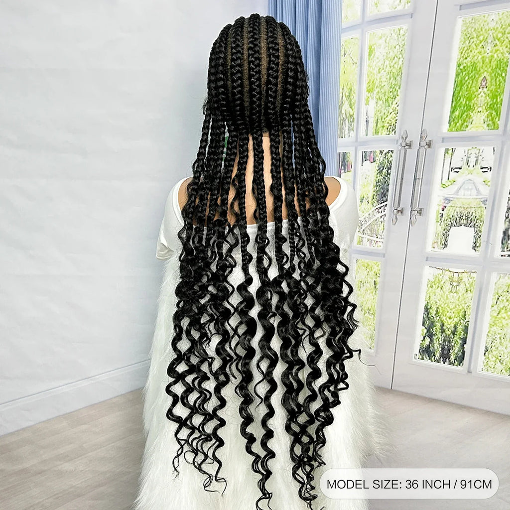 36" Cornrow Braids Wig with Curly Ends | Transparent Full Lace | Baby Hair