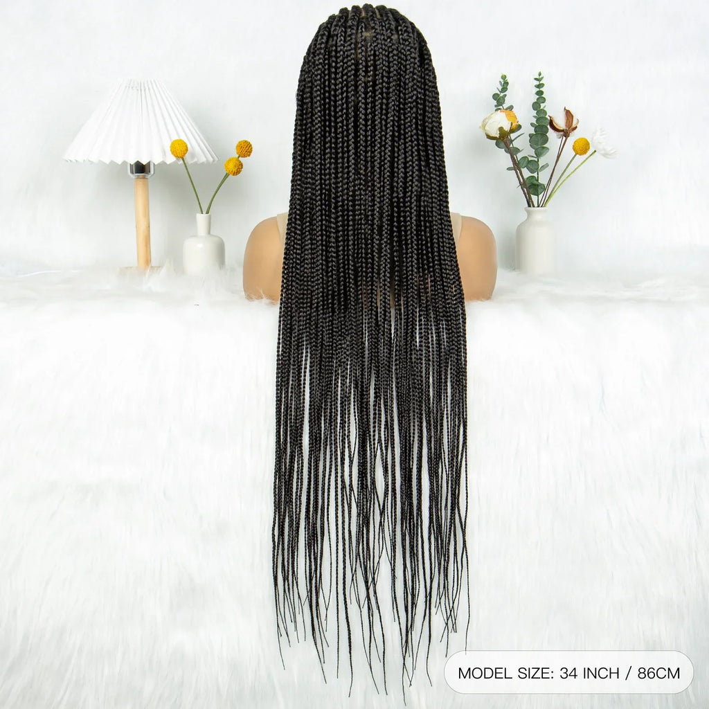 34" Handmade Cornrow Braided Wig | Full Lace Knotless Box Braids | Baby Hair | Transparent Lace | Black Women