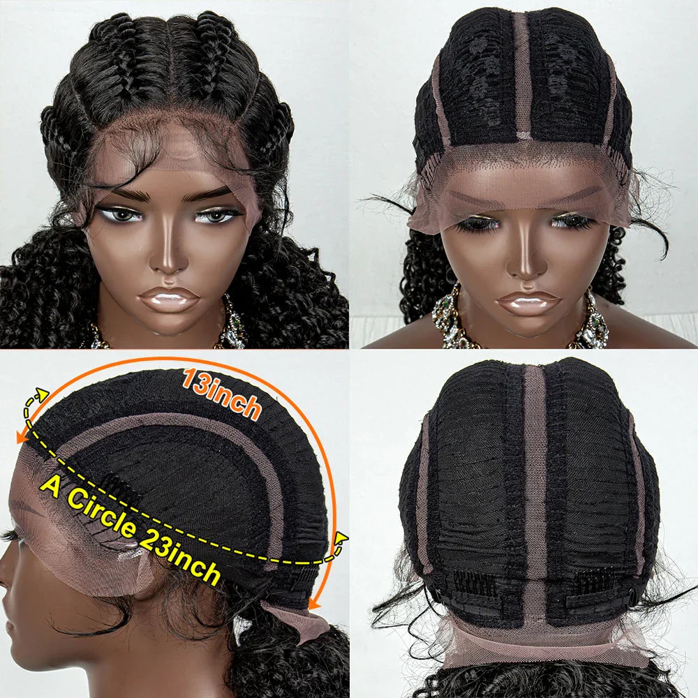 22" Box Braids Full Lace Wig | Two Curly Ponytails | Baby Hair | Synthetic Braided Wig