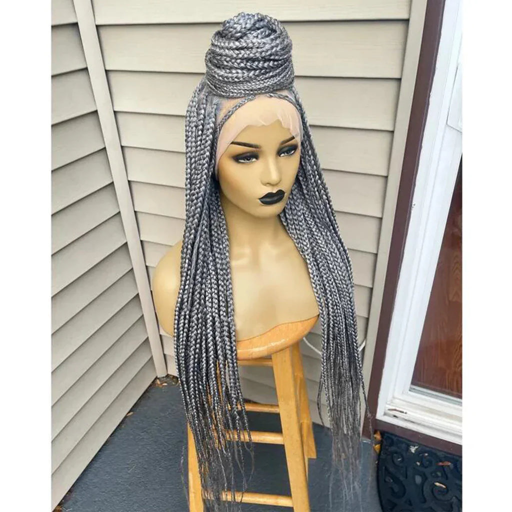 28" Platinum Grey Box Braided Wig | Full Lace | Kanekalon Synthetic Hair | Choose Lace Color