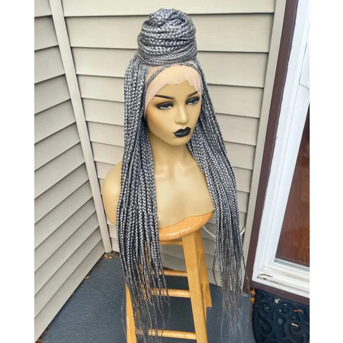 28" Platinum Grey Box Braided Wig | Full Lace | Kanekalon Synthetic Hair | Choose Lace Color