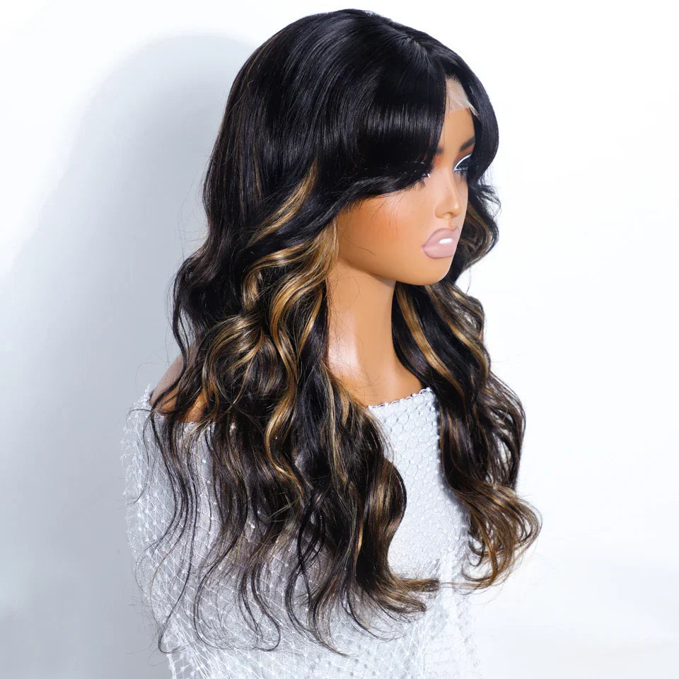180% Density 1B/27 Ombre Highlight Body Wave Wig | 4x4 Transparent Lace Front Brazilian Human Hair (Pre-Plucked)
