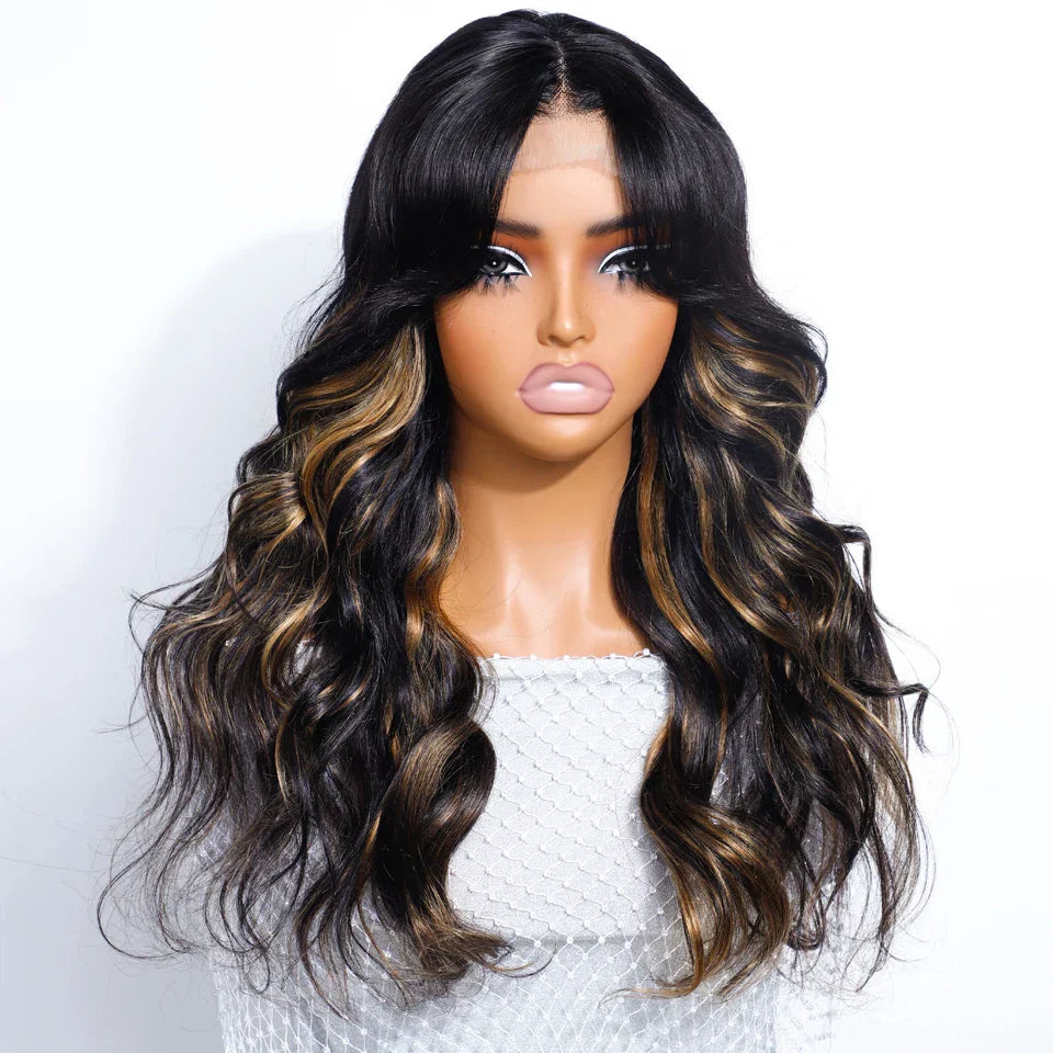 180% Density 1B/27 Ombre Highlight Body Wave Wig | 4x4 Transparent Lace Front Human Hair (Pre-Plucked)