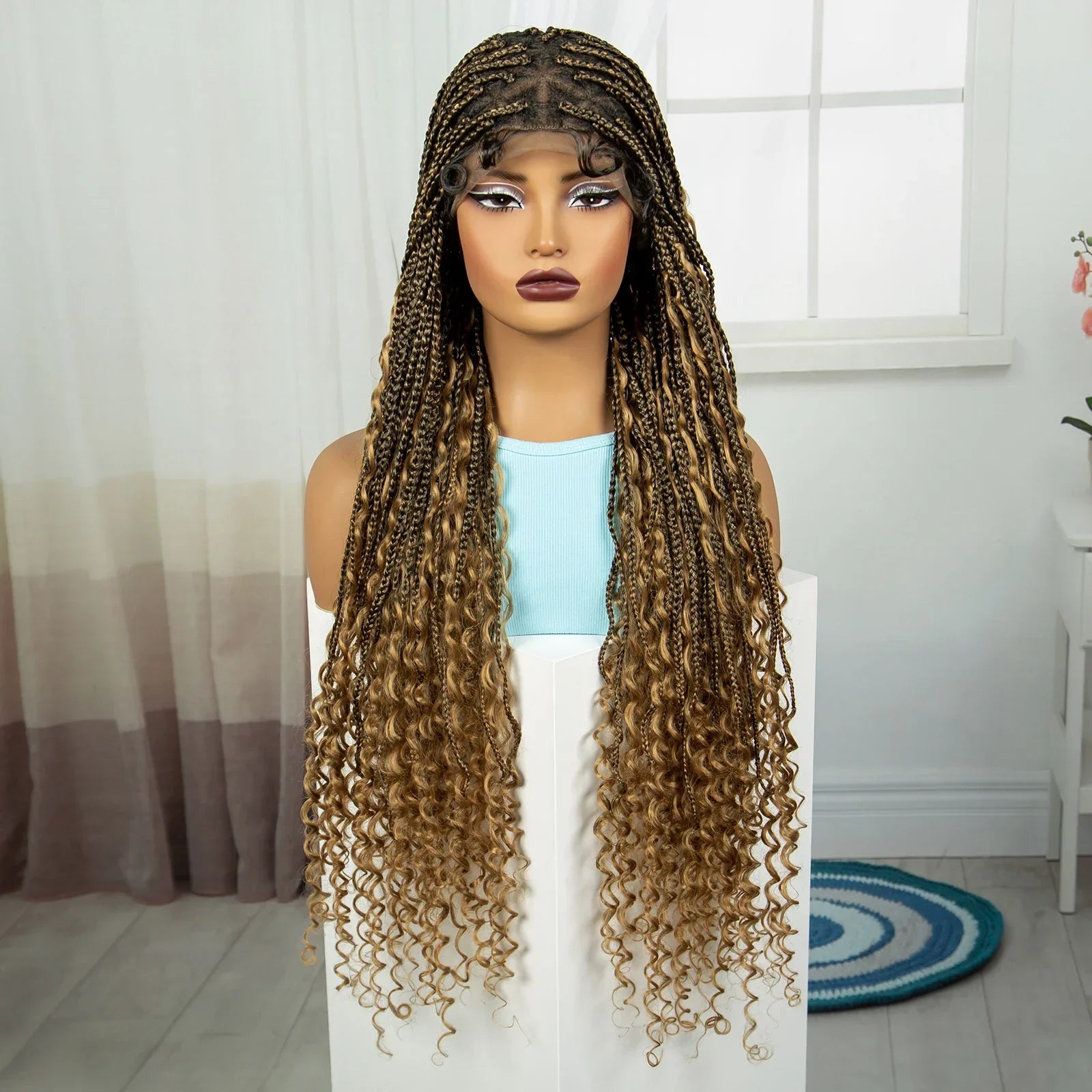 36" Blonde Boho Knotless Braids Wig | Curly Ends | HD Full Lace | Baby Hair