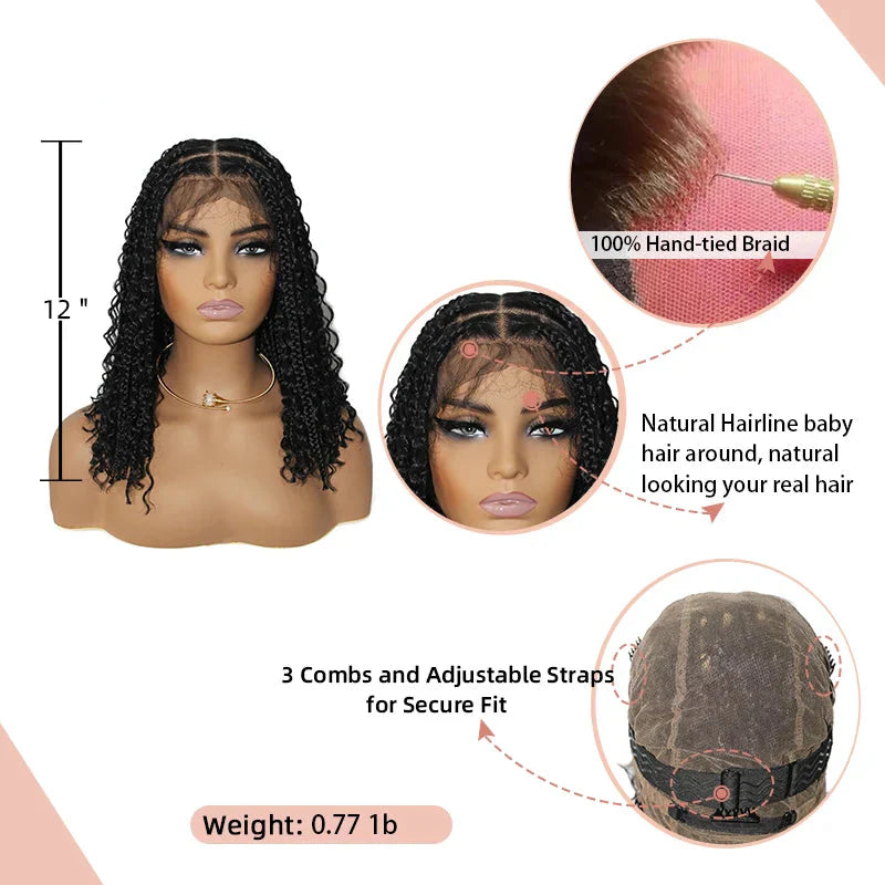 12" Boho Braided Bob Wig | 360 Lace Braided Wig | Knotless Braids | Curly Goddess Box Braid Wig