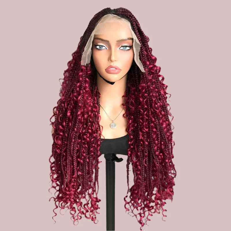 22" Curly End Box Braided Full Lace Front Wig | Goddess Locs | Bohemian Braids | Synthetic Wig