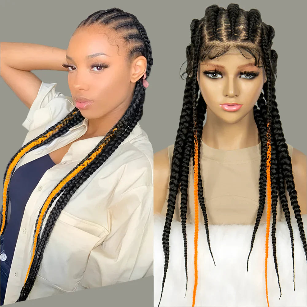 24" Orange Highlight Cornrow Braided Wig | Full Lace Synthetic Wig for Black Women | High-Temp Fiber | Daily Wear