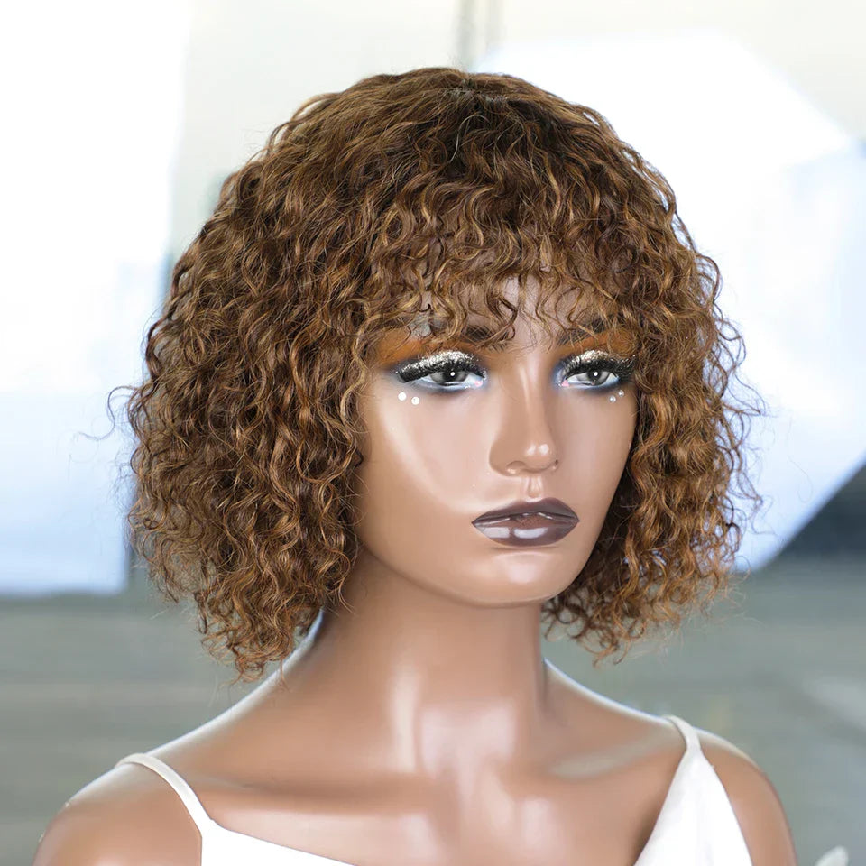 150% Density Ombre Honey Blonde Curly Bob Wig | Glueless Human Hair with Bangs