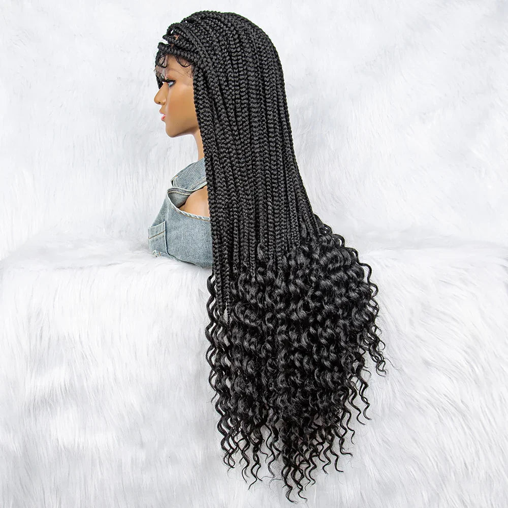 36" Knotless Cornrow Braids Wig | Lace Front with Curly Ends & Baby Hair