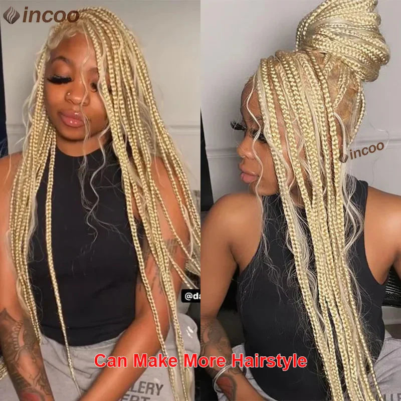 613 Blonde Boho Box Braids Wig | Curly Ends | Full Lace Front | Goddess Locs Accents