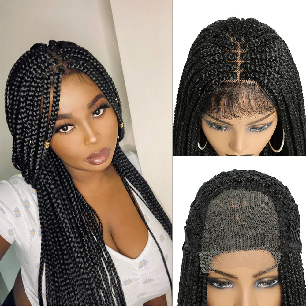 30" Long Box Braided 4x4 Lace Closure Wig | Baby Hair Twist Braids | Synthetic Cosplay Wig for Black Women