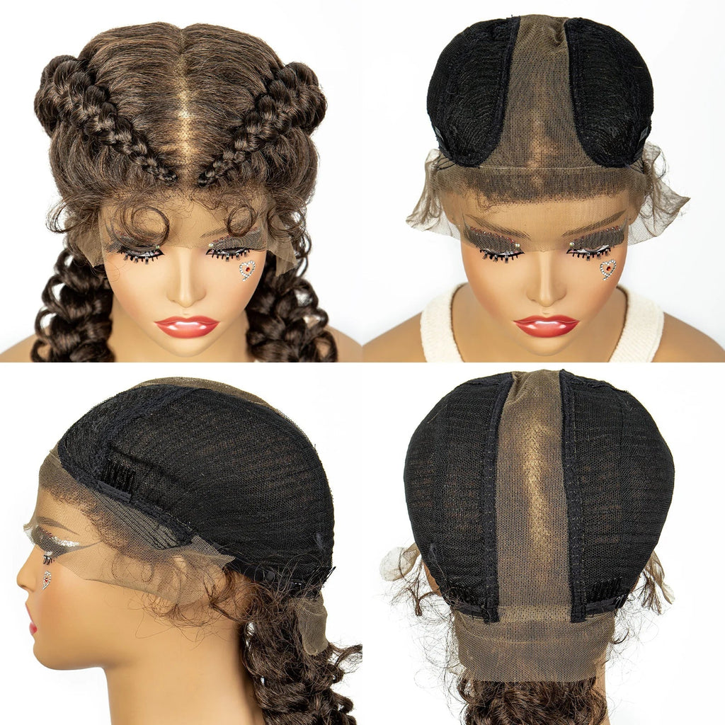 1B/30 Dark Brown Dutch Box Braids Wig | Synthetic Lace Frontal | Fishtail Braids | With Baby Hair | For Black Women