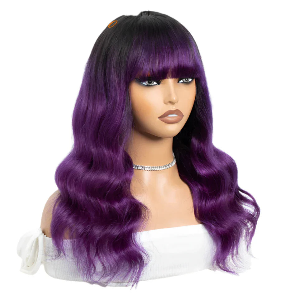 22" T1B/Purple Body Wave Wig with Bangs | "Put On & Go" Full Machine Made Human Hair