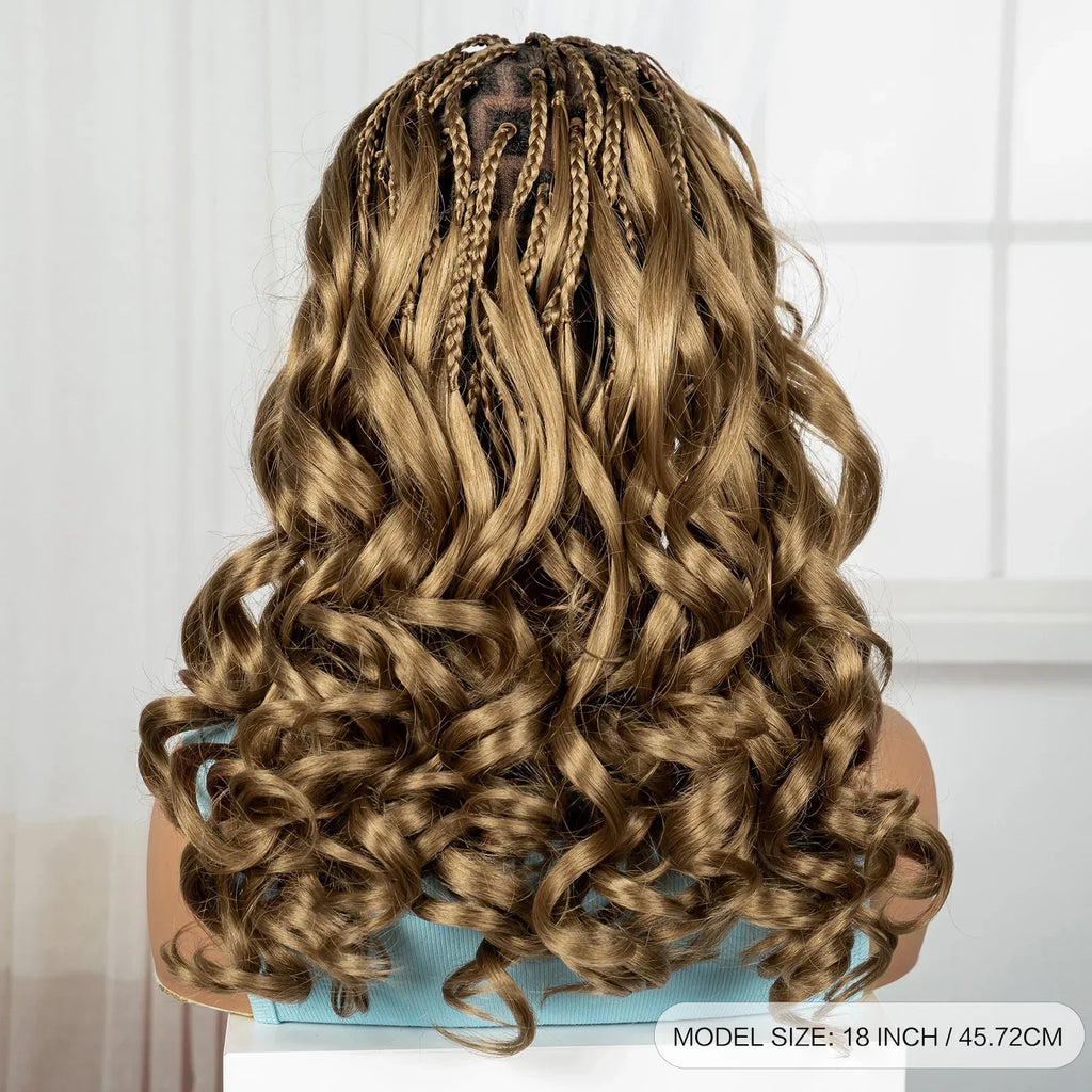 18" #27 Ombre Bouncy Wavy Braided Wig with Bangs | Knotless Box Braids | Full Lace Synthetic Wig with Baby Hair