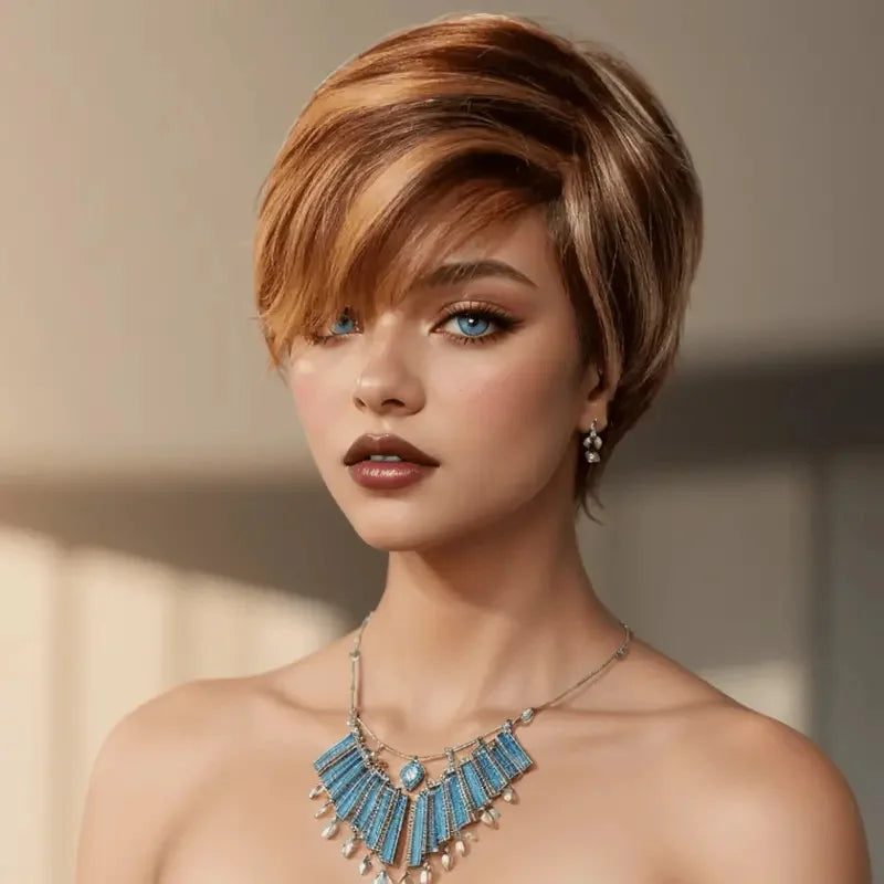 6 Inch Pixie Cut Human Hair Wig with Bangs | P4/27 Natural Highlight | Short Straight Remy Hair