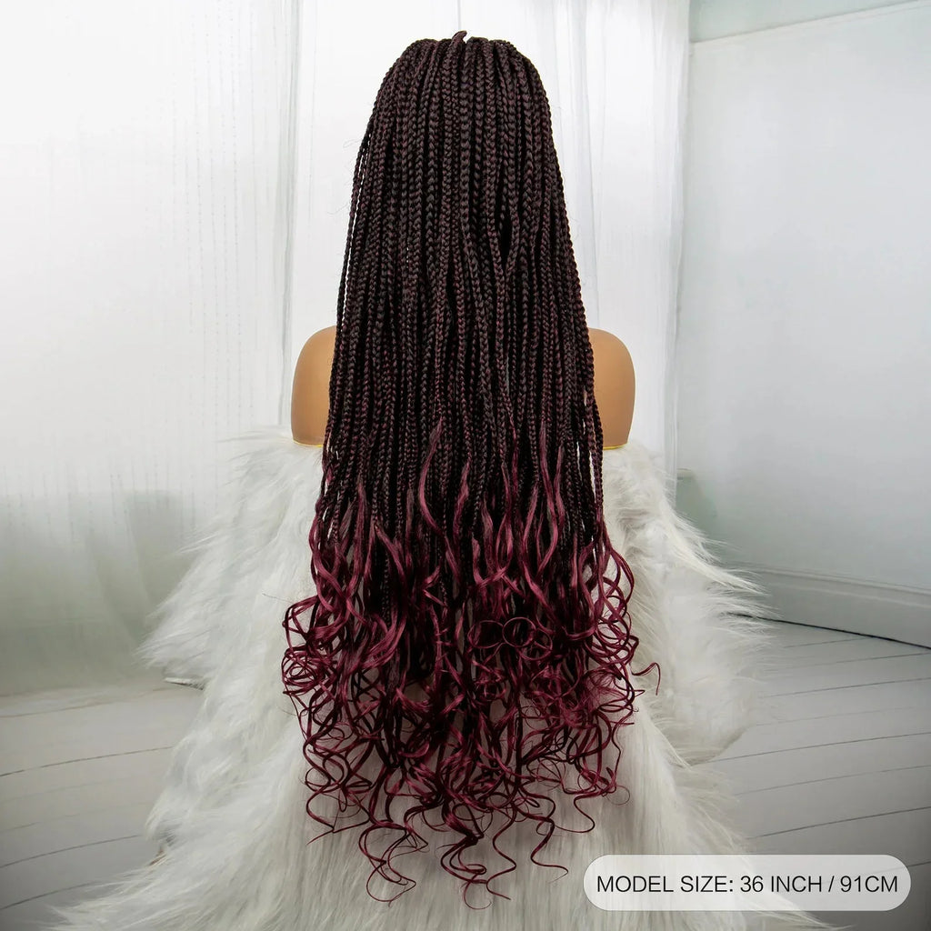 36 Inch Synthetic Braided Wigs Knotless Boho Braided Lace Wigs with Curly Ends Lace Front Braiding Hair Wig for Black Women