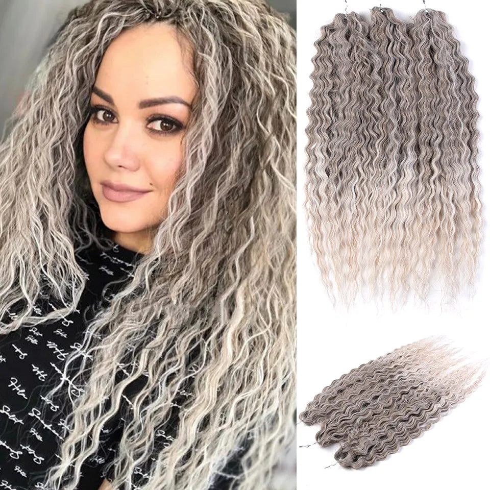 24" Water Wave Crochet Hair | Ombre Blonde Brown | Curly Twist Braids | Synthetic Braiding Hair Extensions | 60 Strands