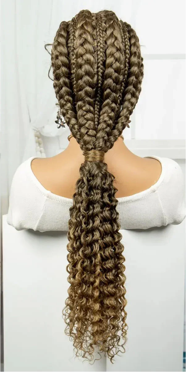 28" Blonde Knotless Cornrow Braids Wig with Curly Ends | Lace Frontal | Baby Hair