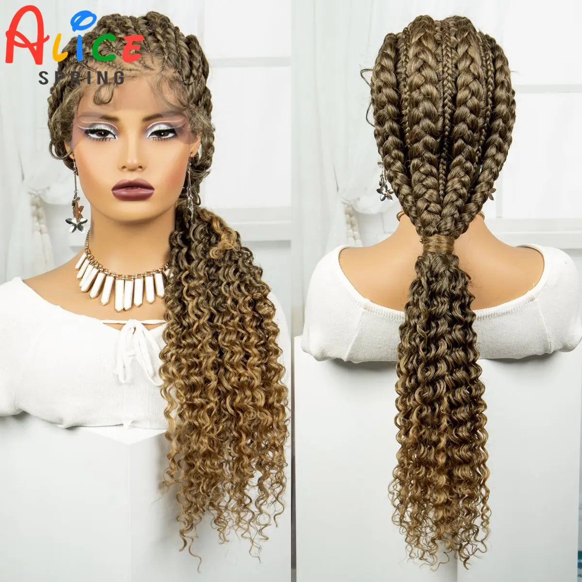 28" Colored Cornrow Braids Wig with Curly Ends | Lace Front | Baby Hair