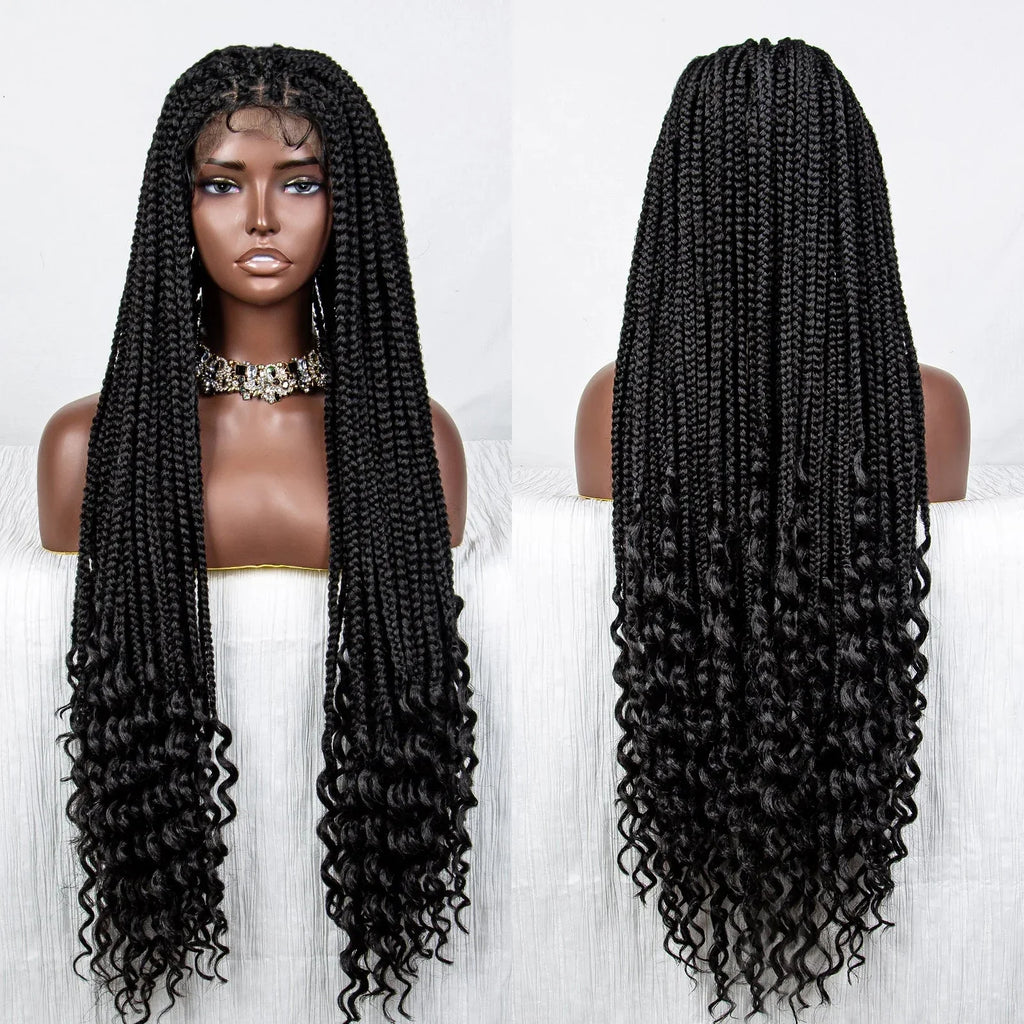 36" Curly End Box Braided Full Lace Wig | Straight Cornrows | Kanekalon Synthetic Braids