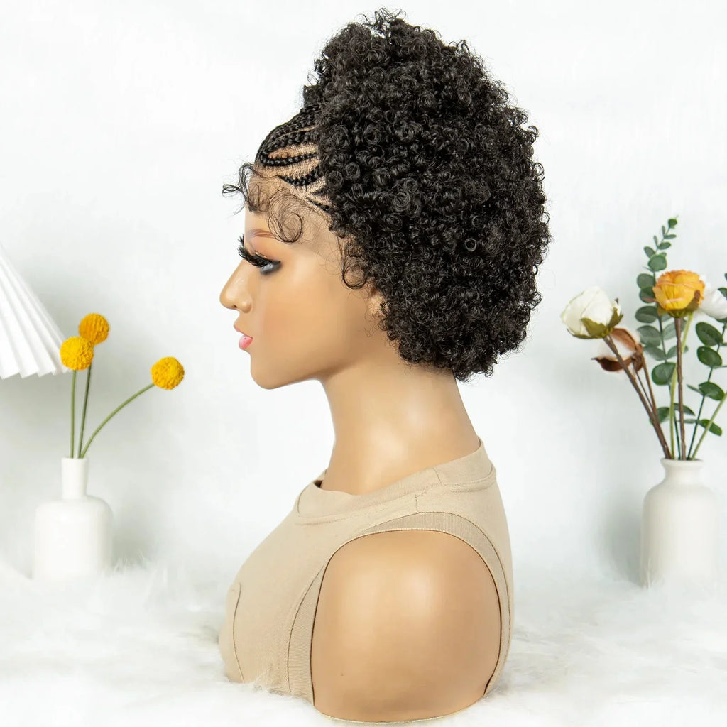 8" Afro Kinky Curly Bob Braided Wig | 13x4 Lace Frontal | Half Cornrows | Synthetic Braids for Black Women