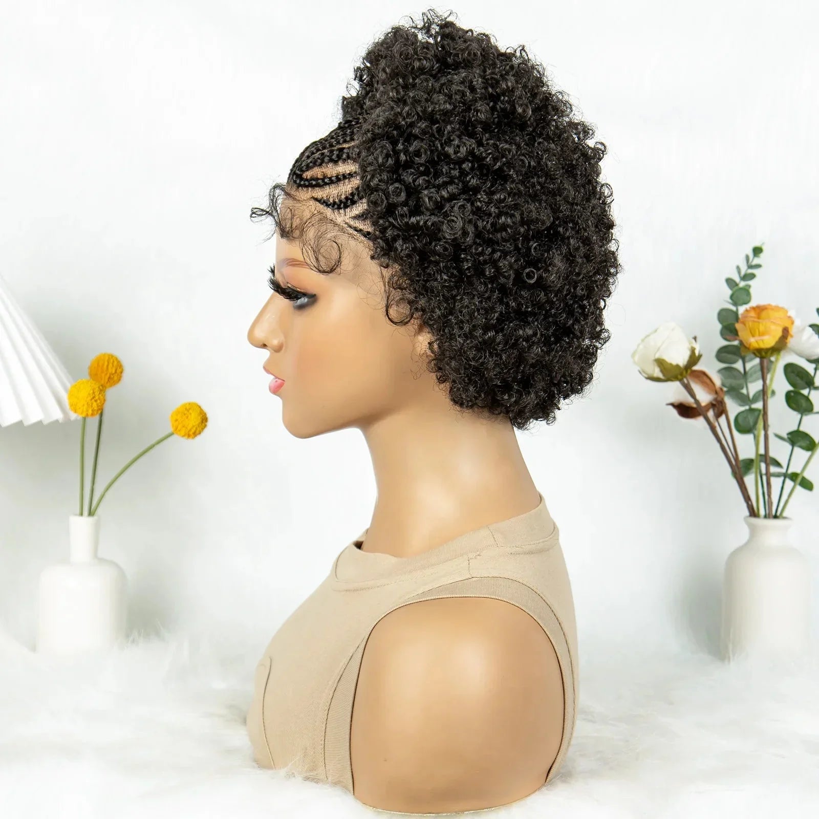 8" Afro Kinky Curly Bob Braided Wig | 13x4 Lace Frontal | Half Cornrows | Synthetic Braids for Black Women