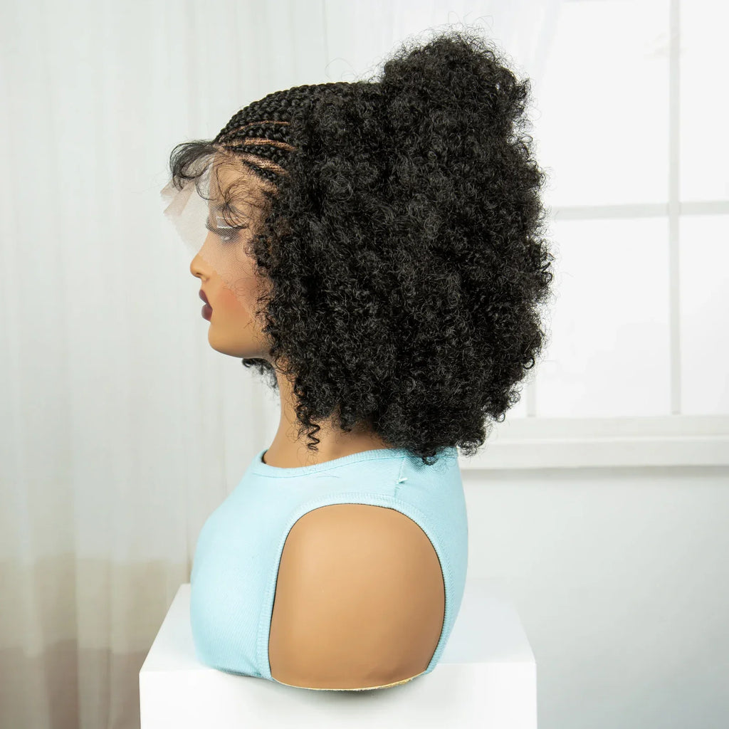 8" Short Afro Kinky Curly Cornrow Braids Wig | Full Lace | Baby Hair