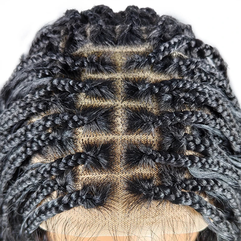 24" Boho Box Braids Lace Frontal Wig | Deep Wave Goddess Braids | Curly Ends | Black Full Lace Synthetic Wig