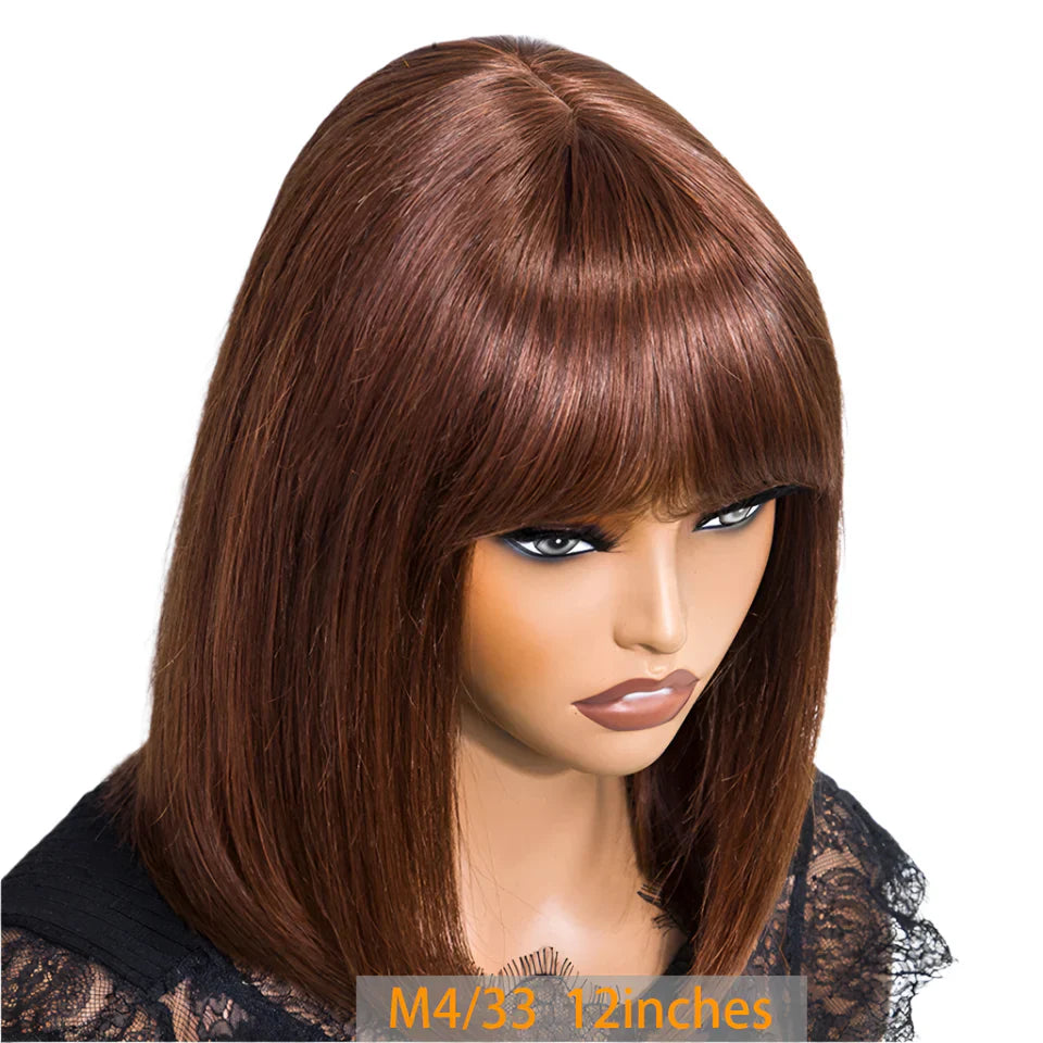 #27 Brown Straight Bob Wig with Bangs | Human Hair Lace Top & Realistic Scalp