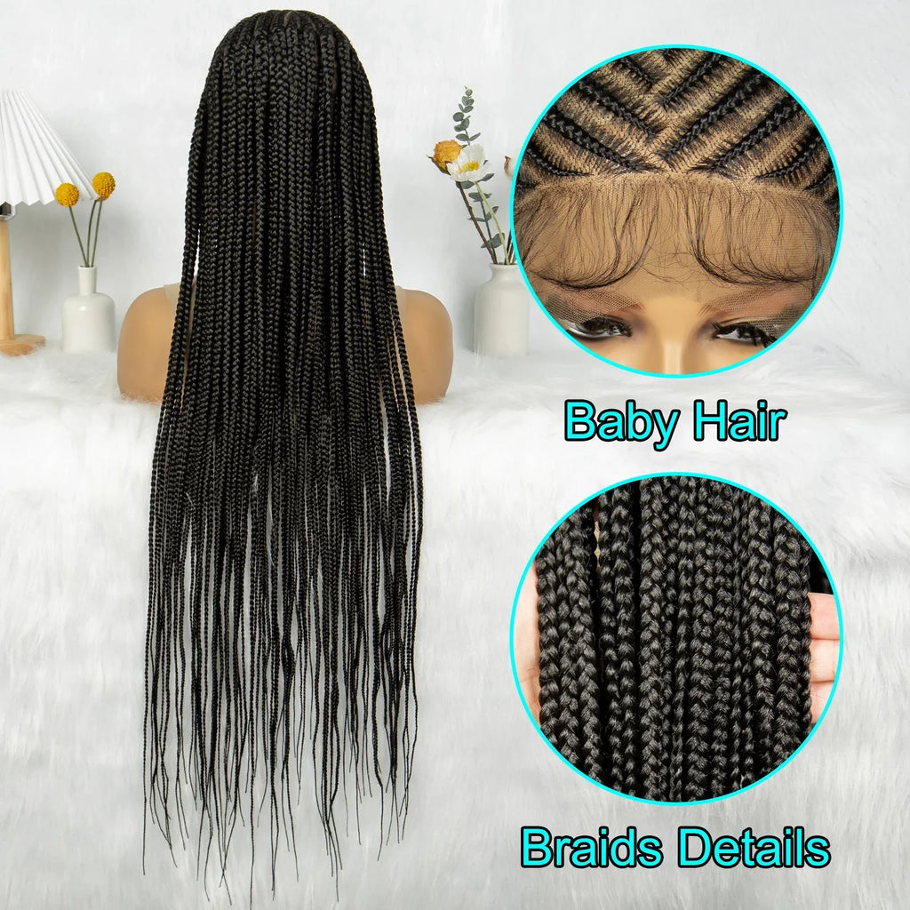 36" Cornrow Braided Full Lace Wig | Knotless Box Braids | Baby Hair | Synthetic Braiding Wig for Black Women