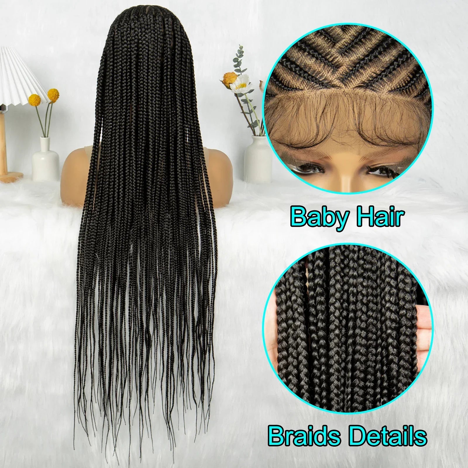 36" Cornrow Braided Full Lace Wig | Knotless Box Braids | Baby Hair | Synthetic Braiding Wig for Black Women