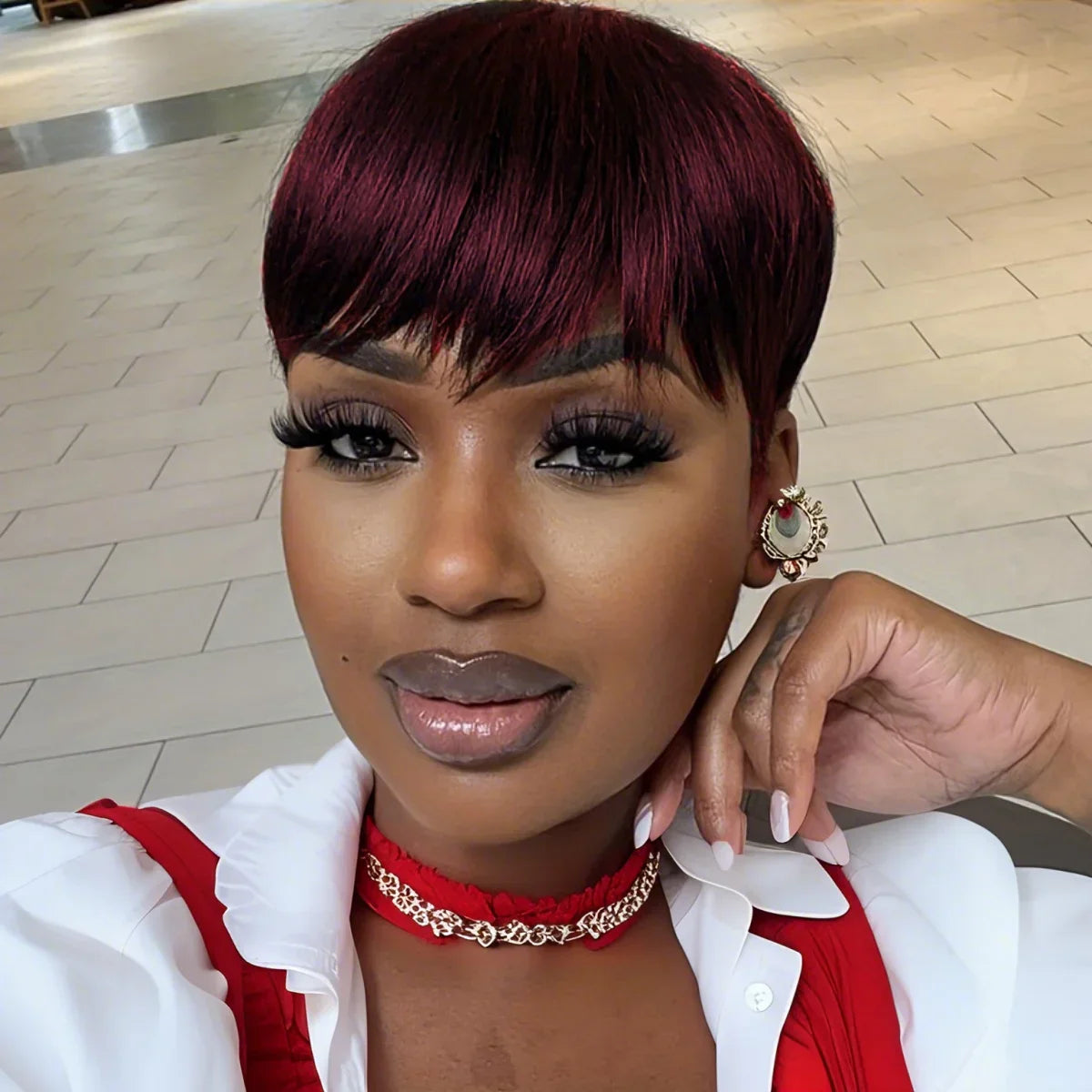 100% Human Hair Straight Short Pixie Cut Wig with Bangs | Tangle-Free Full Machine Made for Women (Natural Hairline)