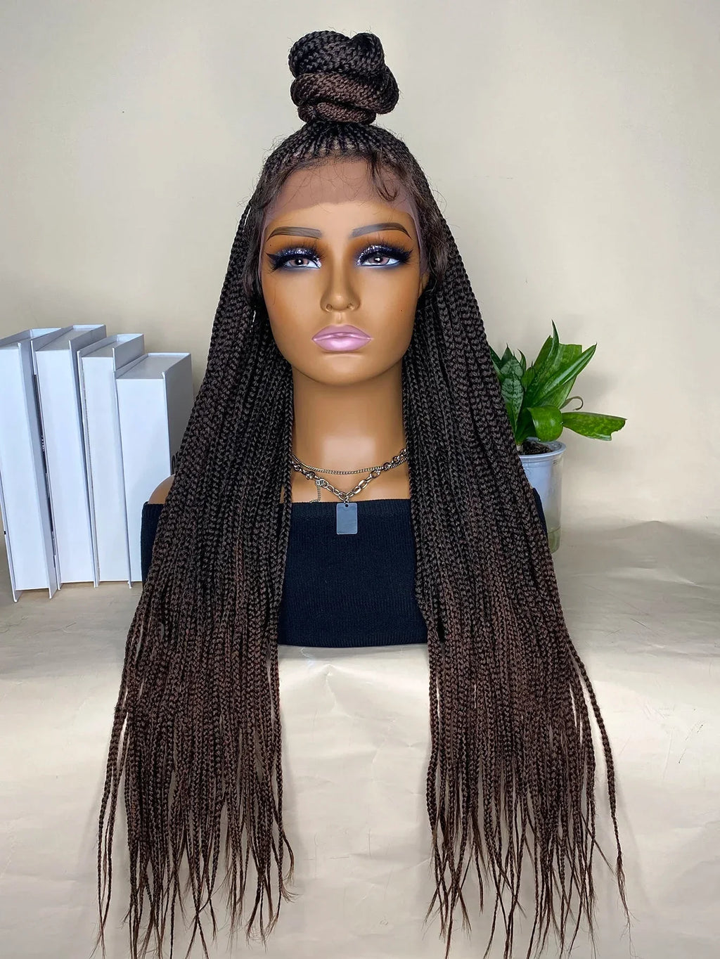 30" Bun Box Braid Lace Front Wig | 13x7" Cornrow Braids | Brown Synthetic Wig | Black Women