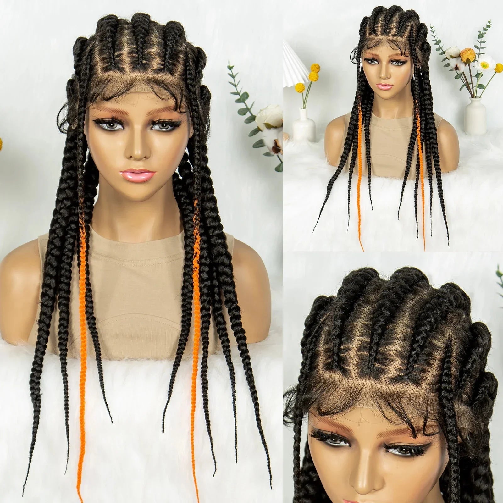 24" Orange Highlight Cornrow Braided Wig | Full Lace Synthetic Wig for Black Women | High-Temp Fiber | Daily Wear