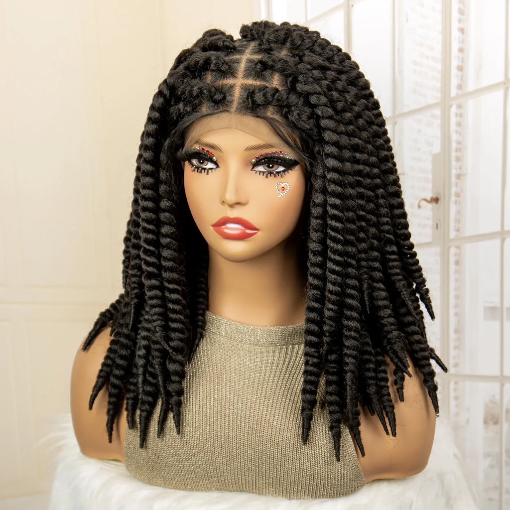 16 Inch Brown Twisted Braided Bob Wig | Full Lace | Kanekalon Fiber | For Black Women