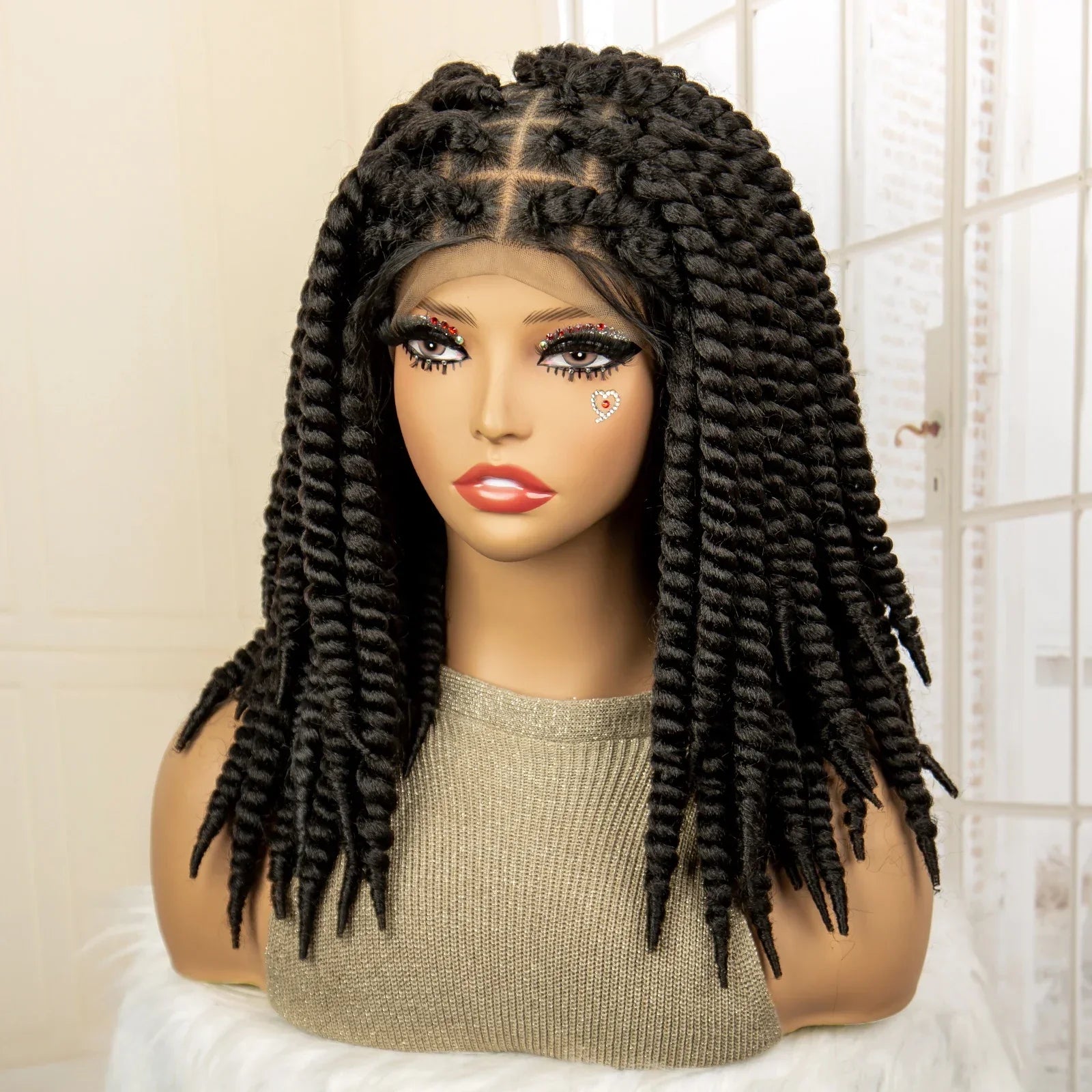 16 Inch Brown Twisted Braided Bob Wig | Full Lace | Kanekalon Fiber | For Black Women